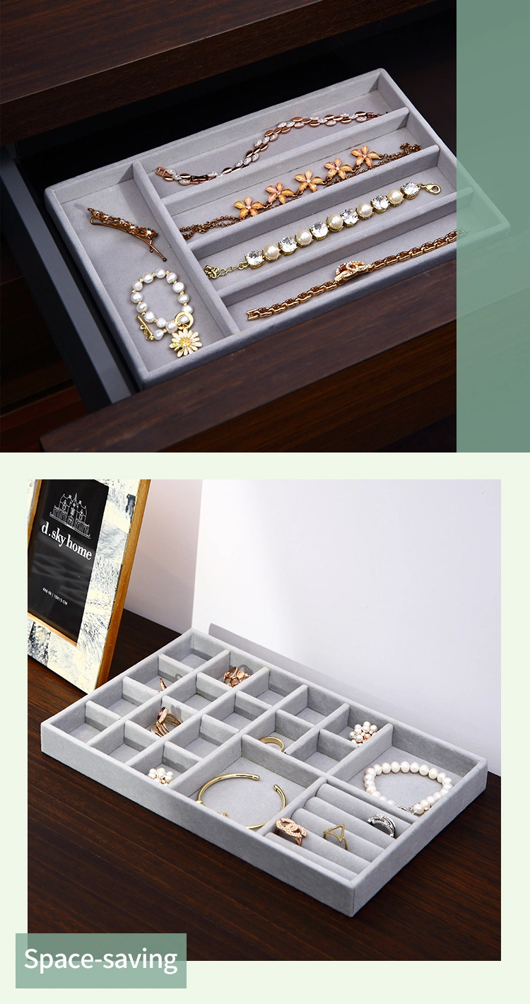 Classic Desk Small Stackable Grey Velvet Jewelry Storage Tray Rings Earrings Jewelry Organizer with Dividers